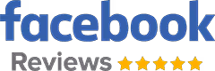Facebook Reviews text with five gold stars rating.